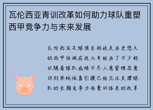 瓦伦西亚青训改革如何助力球队重塑西甲竞争力与未来发展