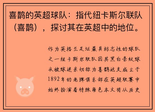 喜鹊的英超球队：指代纽卡斯尔联队（喜鹊），探讨其在英超中的地位。